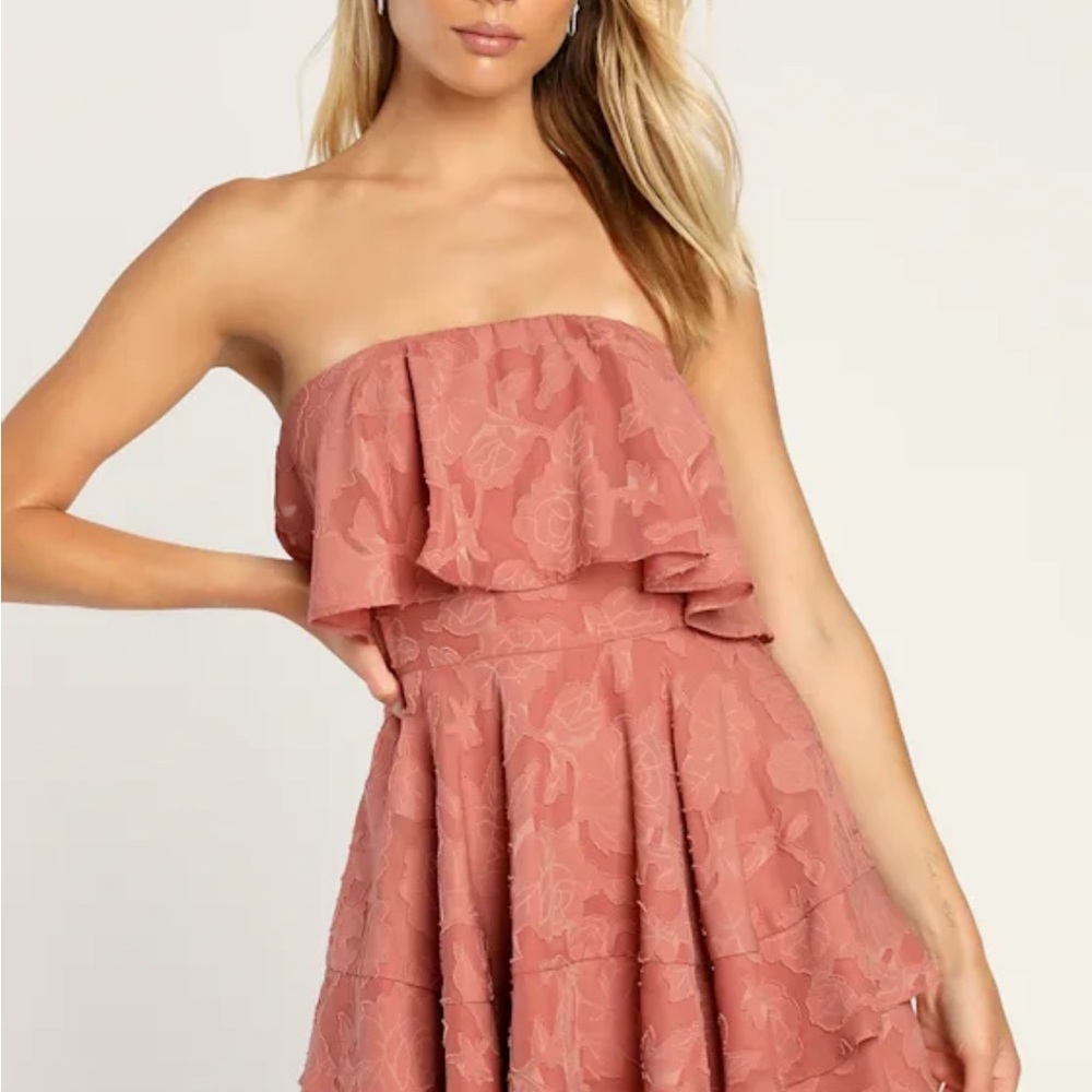Lulu's True Lover Mauve Burnout Floral Ruffled Strapless Mini Dress